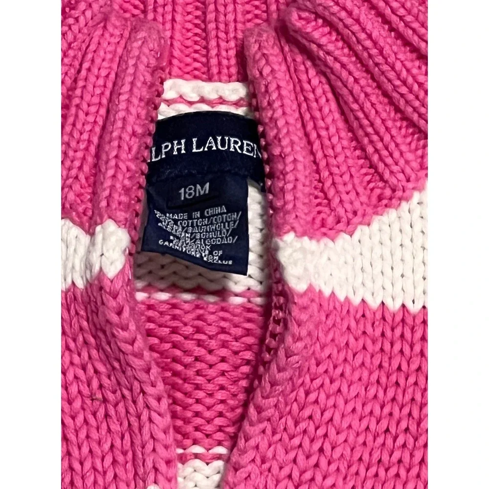 Ralph Lauren Baby Girls Pink White‎ Stripe Knit Zipper Hoodie Sweater 18M